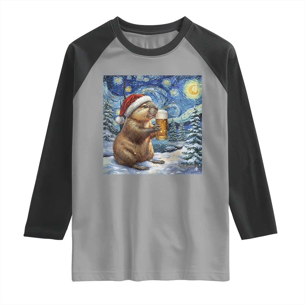 Otter Beer Christmas Raglan Shirt Starry Night Van Gogh - Wonder Print Shop