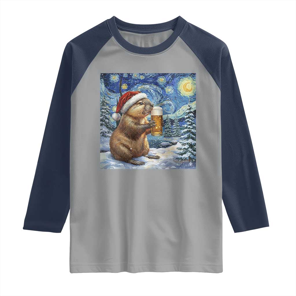 Otter Beer Christmas Raglan Shirt Starry Night Van Gogh - Wonder Print Shop