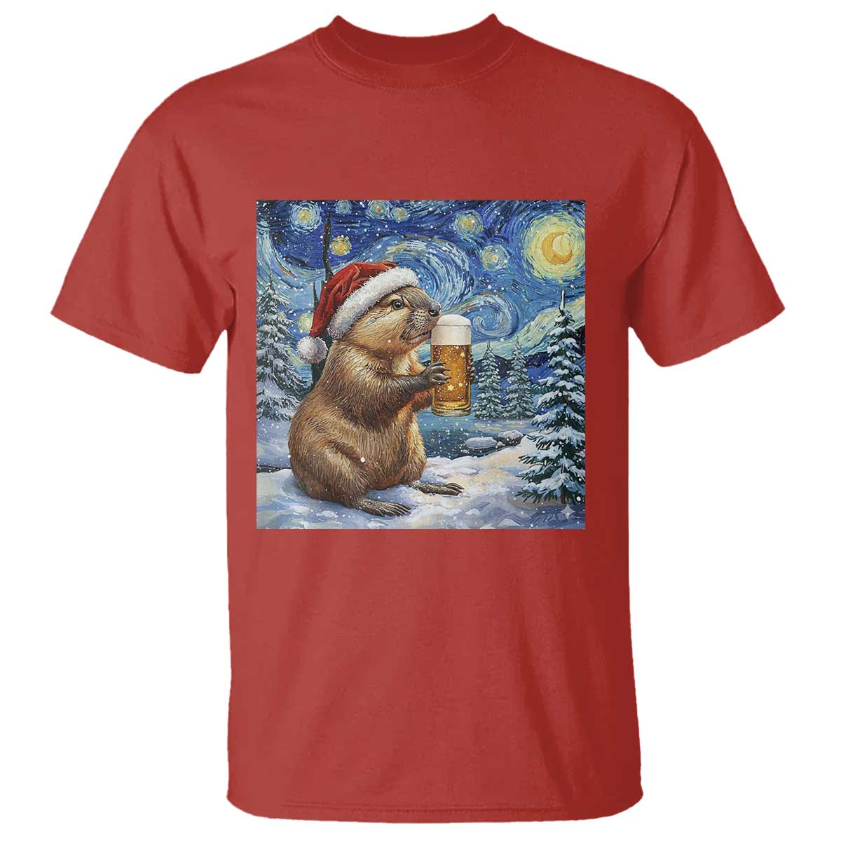 Otter Beer Christmas T Shirt Starry Night Van Gogh - Wonder Print Shop