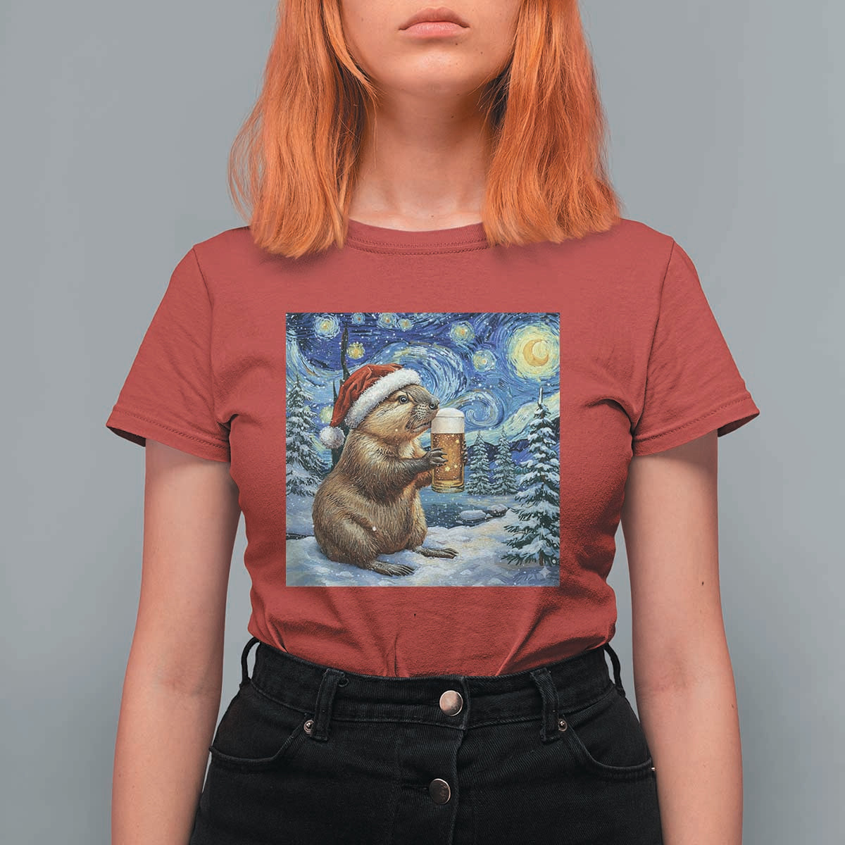 Otter Beer Christmas T Shirt For Women Starry Night Van Gogh - Wonder Print Shop