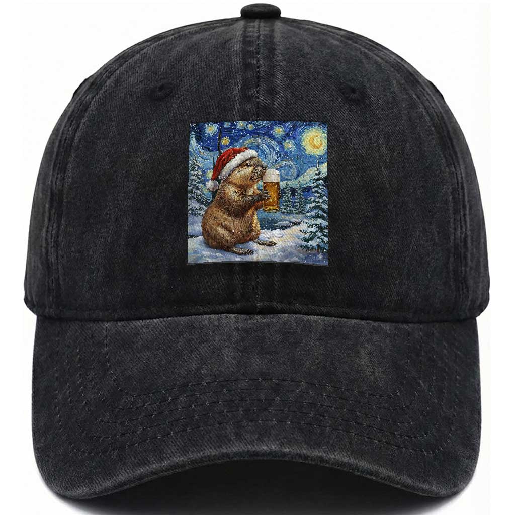Otter Beer Christmas Washed Cotton Baseball Cap Starry Night Van Gogh