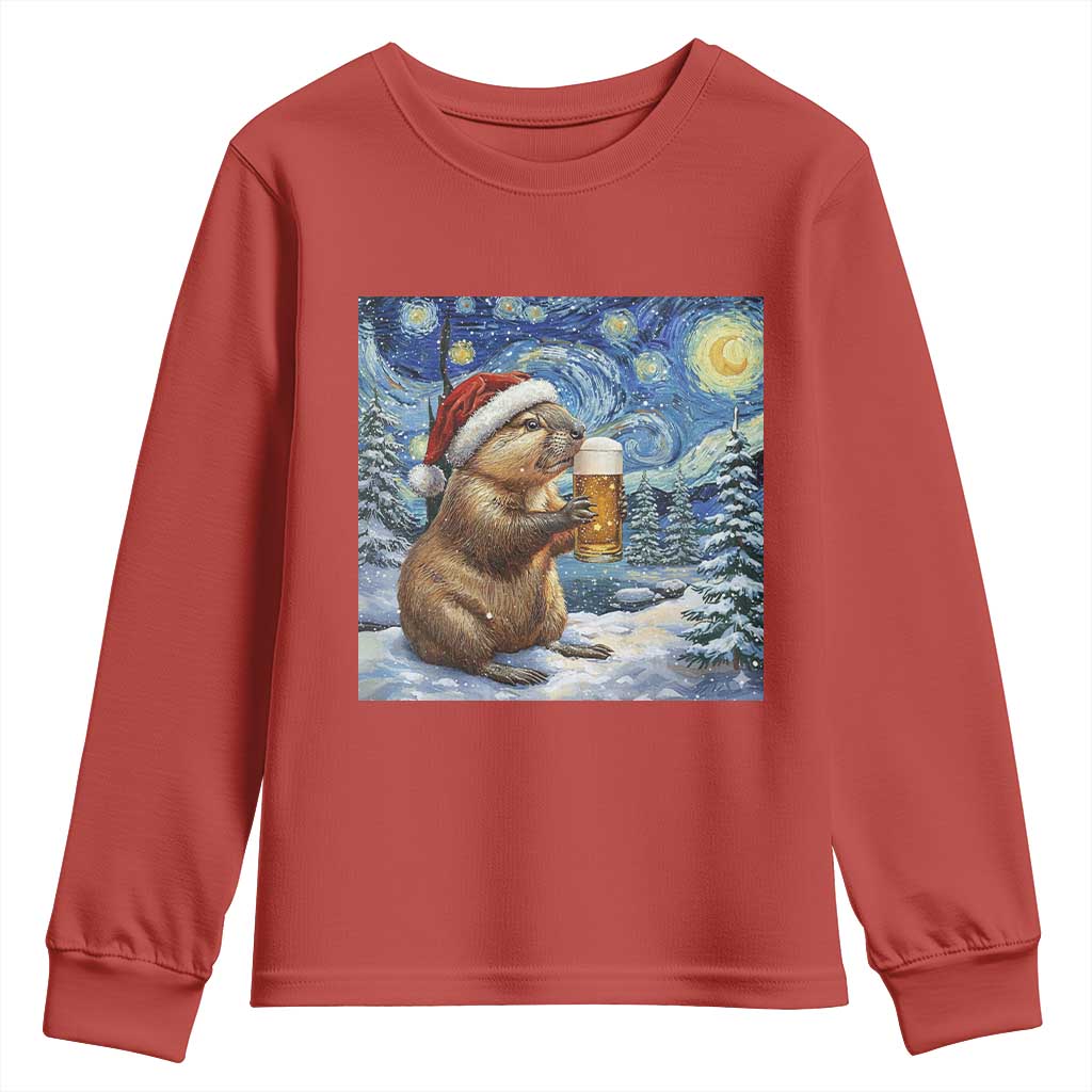 Otter Beer Christmas Youth Sweatshirt Starry Night Van Gogh - Wonder Print Shop