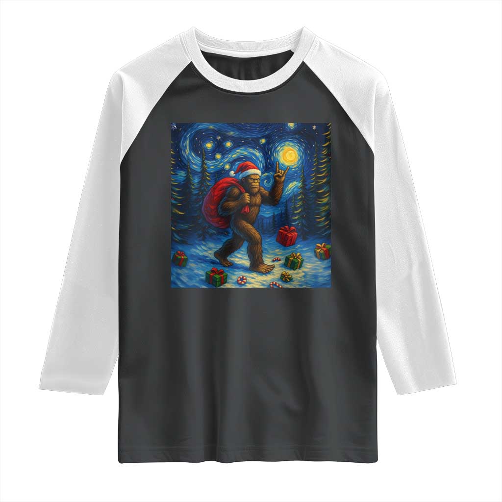 Bigfoot Christmas Raglan Shirt Starry Night Van Gogh - Wonder Print Shop