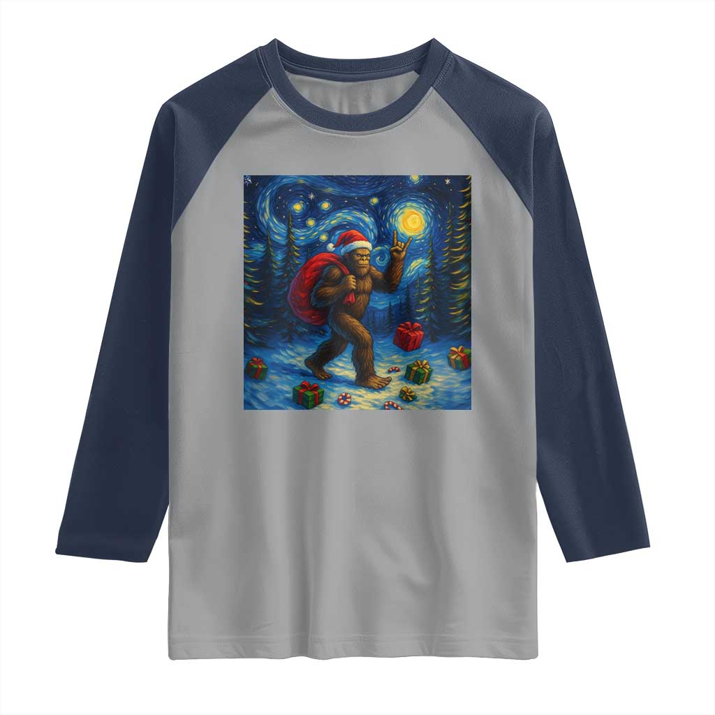 Bigfoot Christmas Raglan Shirt Starry Night Van Gogh - Wonder Print Shop