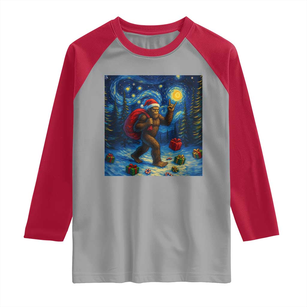 Bigfoot Christmas Raglan Shirt Starry Night Van Gogh - Wonder Print Shop
