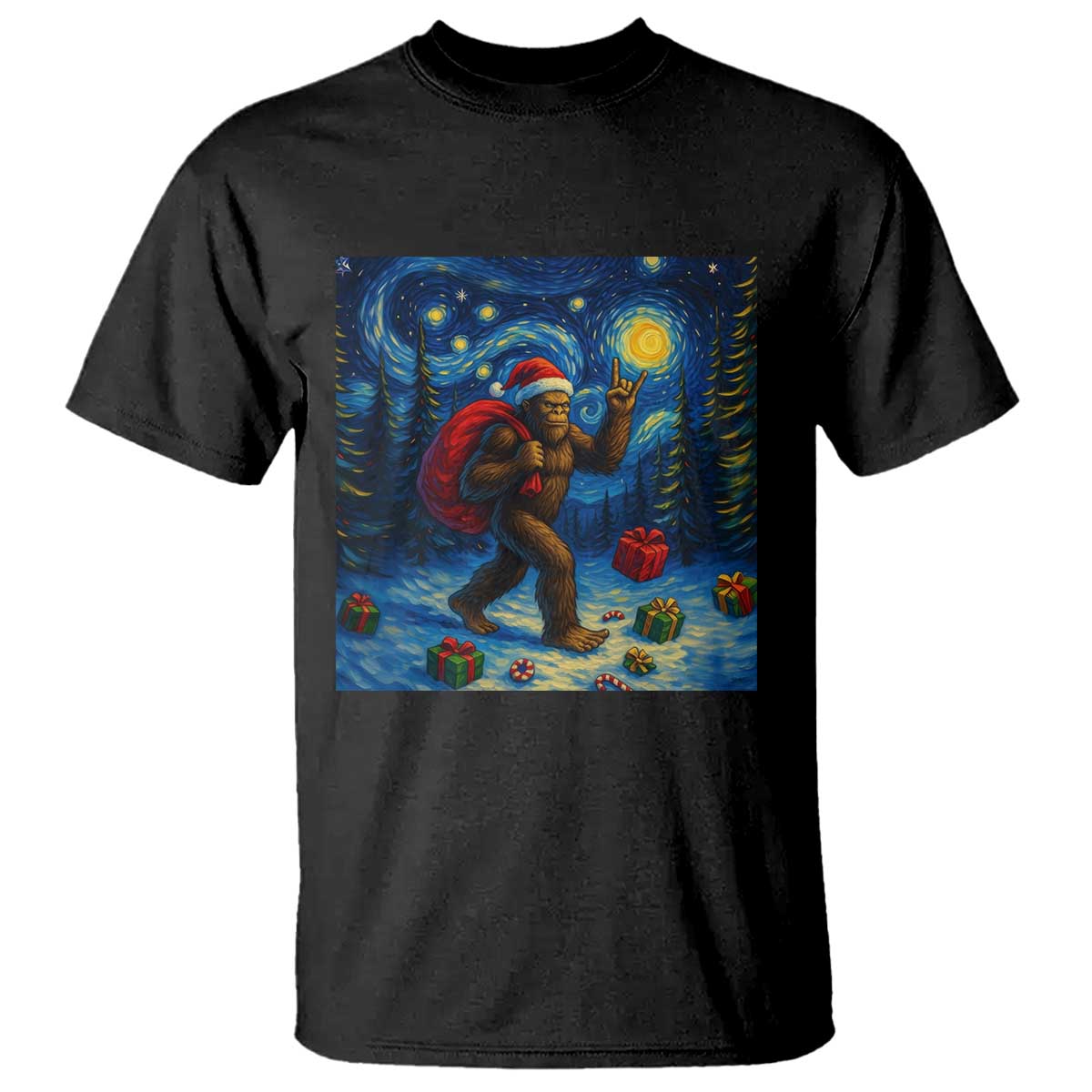 Bigfoot Christmas T Shirt Starry Night Van Gogh - Wonder Print Shop