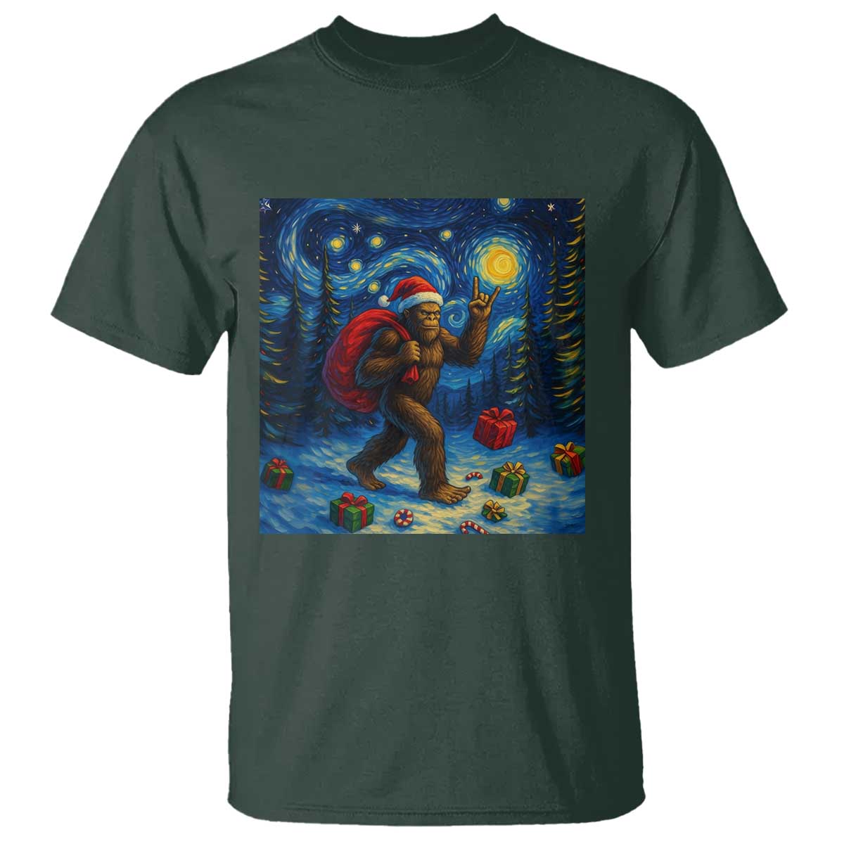 Bigfoot Christmas T Shirt Starry Night Van Gogh - Wonder Print Shop