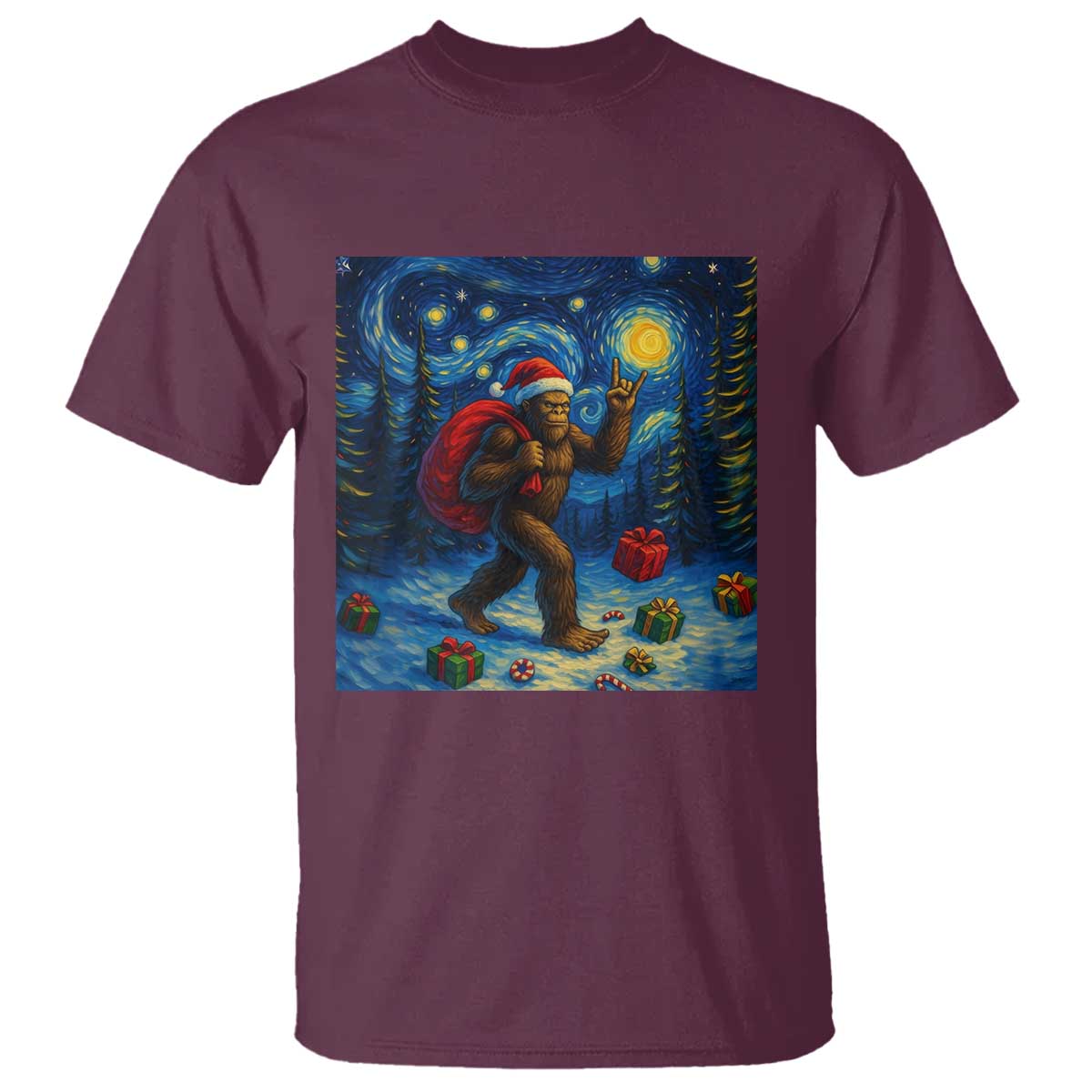 Bigfoot Christmas T Shirt Starry Night Van Gogh - Wonder Print Shop