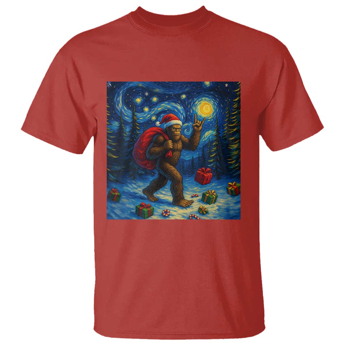 Bigfoot Christmas T Shirt Starry Night Van Gogh - Wonder Print Shop