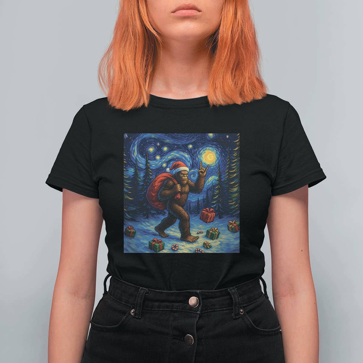 Bigfoot Christmas T Shirt For Women Starry Night Van Gogh - Wonder Print Shop