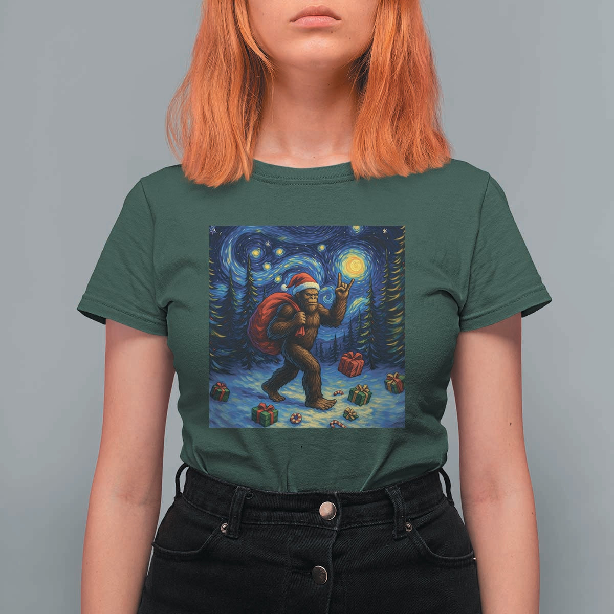 Bigfoot Christmas T Shirt For Women Starry Night Van Gogh - Wonder Print Shop