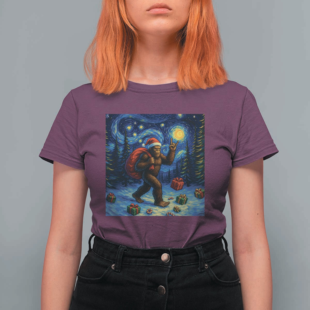 Bigfoot Christmas T Shirt For Women Starry Night Van Gogh - Wonder Print Shop