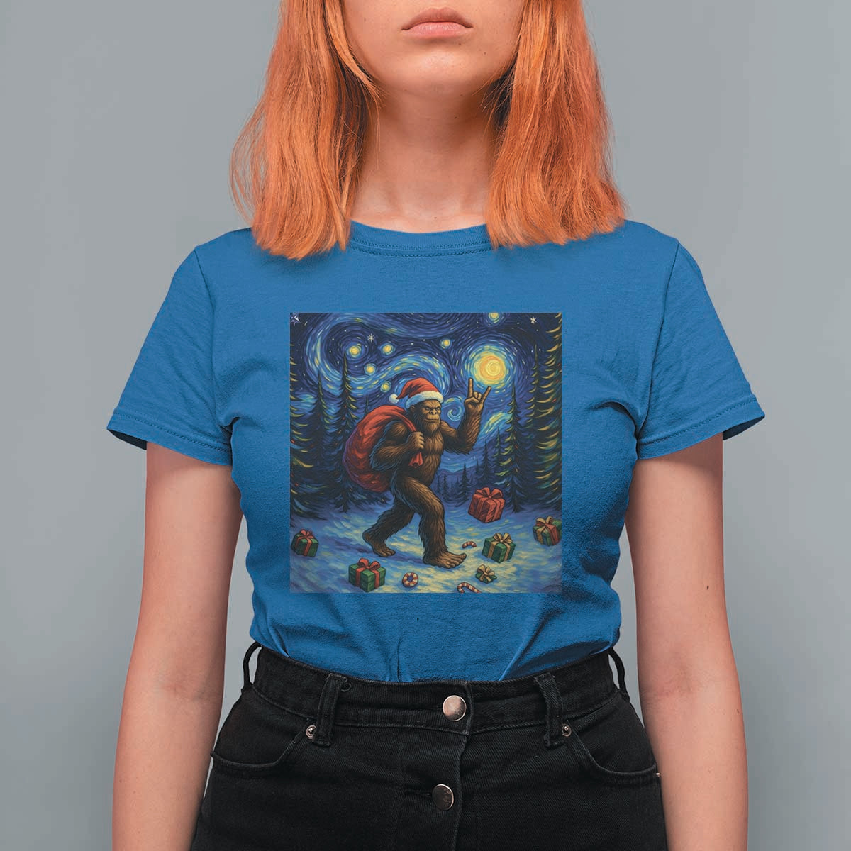 Bigfoot Christmas T Shirt For Women Starry Night Van Gogh - Wonder Print Shop