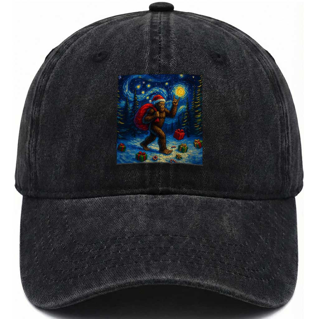 Bigfoot Christmas Washed Cotton Baseball Cap Starry Night Van Gogh