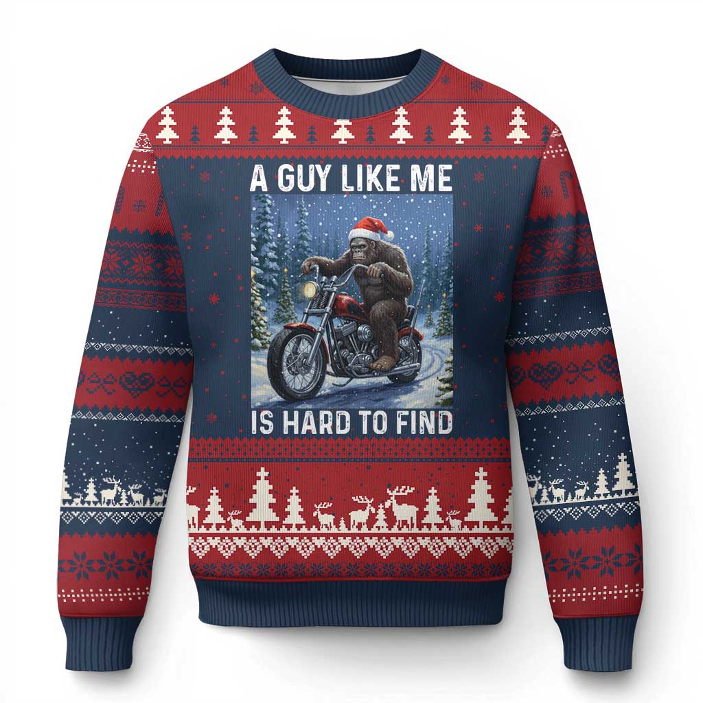 Funny Bigfoot Motorcycle Xmas Ugly Christmas Sweater A Guy Like Me Is Hard To Forest Find - Wonder Print Shop