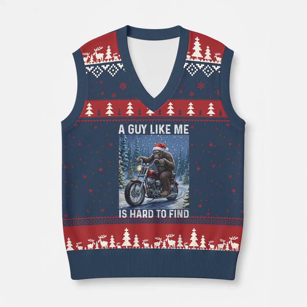 Funny Bigfoot Motorcycle Xmas V-Neck Knit Sweater Vest A Guy Like Me Is Hard To Forest Find - Wonder Print Shop