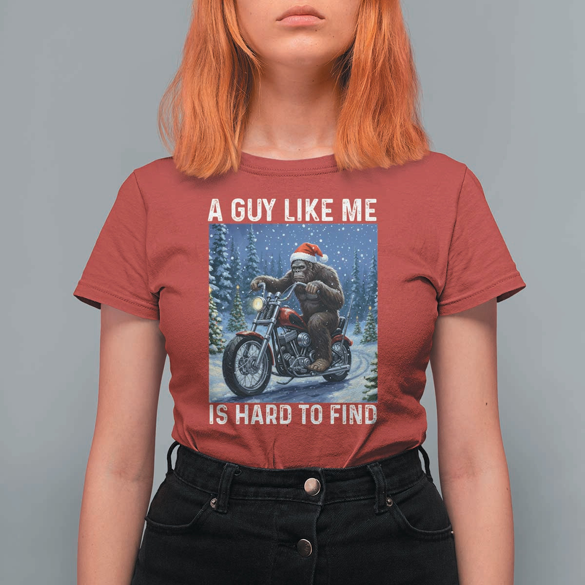 Funny Bigfoot Motorcycle Christmas T Shirt For Women A Guy Like Me Is Hard To Forest Find - Wonder Print Shop