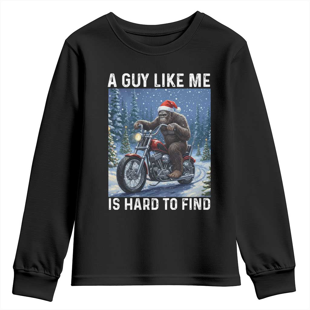 Funny Bigfoot Motorcycle Christmas Youth Sweatshirt A Guy Like Me Is Hard To Forest Find - Wonder Print Shop