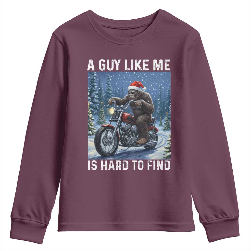 Funny Bigfoot Motorcycle Christmas Youth Sweatshirt A Guy Like Me Is Hard To Forest Find - Wonder Print Shop