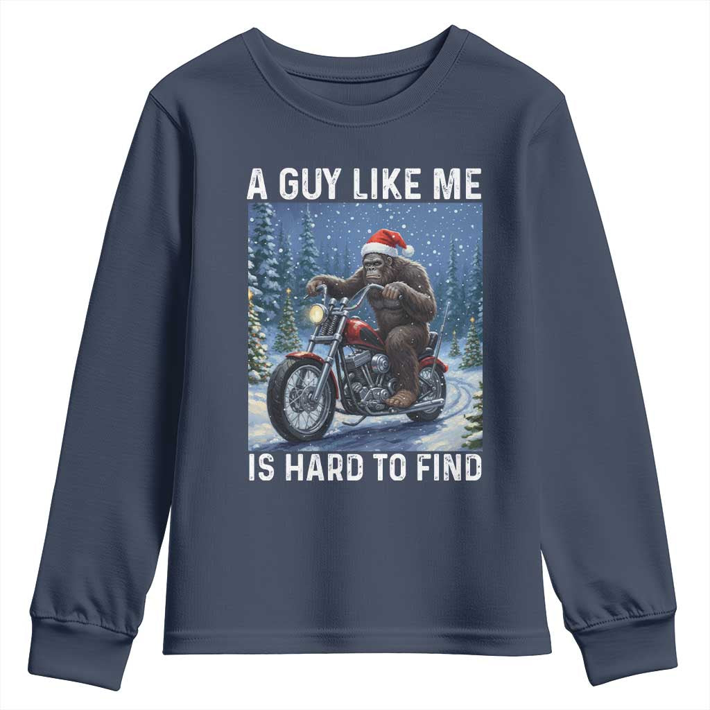 Funny Bigfoot Motorcycle Christmas Youth Sweatshirt A Guy Like Me Is Hard To Forest Find - Wonder Print Shop