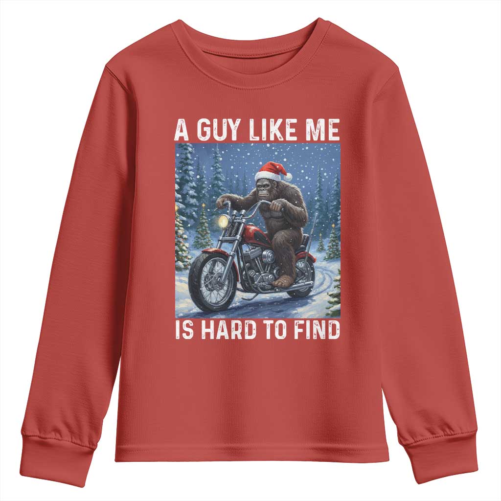 Funny Bigfoot Motorcycle Christmas Youth Sweatshirt A Guy Like Me Is Hard To Forest Find - Wonder Print Shop