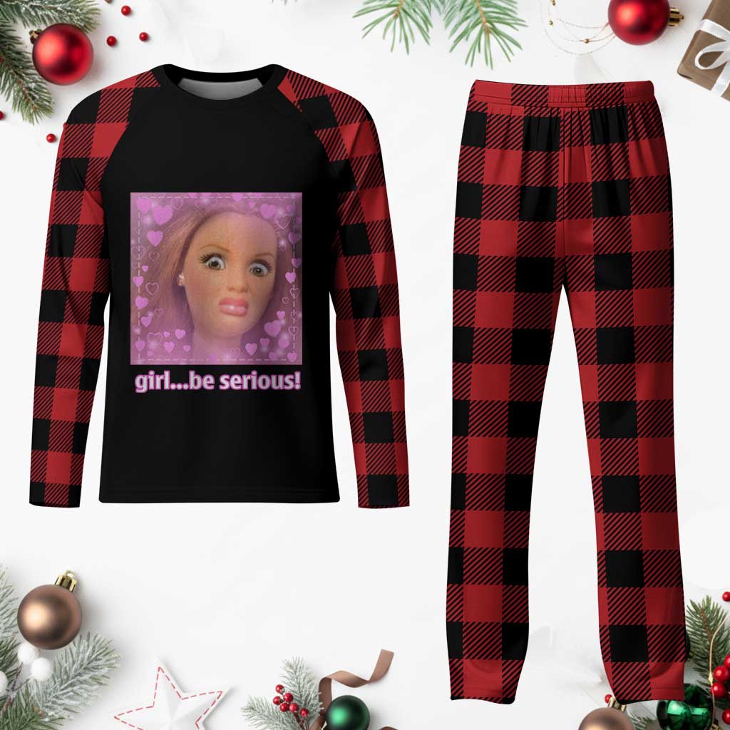 Funny Doll Face Meme Plaid Pajama Set Girl Be Serious - Wonder Print Shop