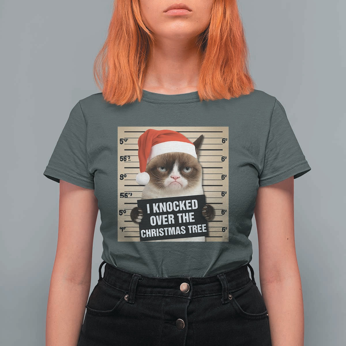 Funny Cat Mugshot Christmas T Shirt For Women I Will Protect You Kitten No Matter What - Wonder Print Shop