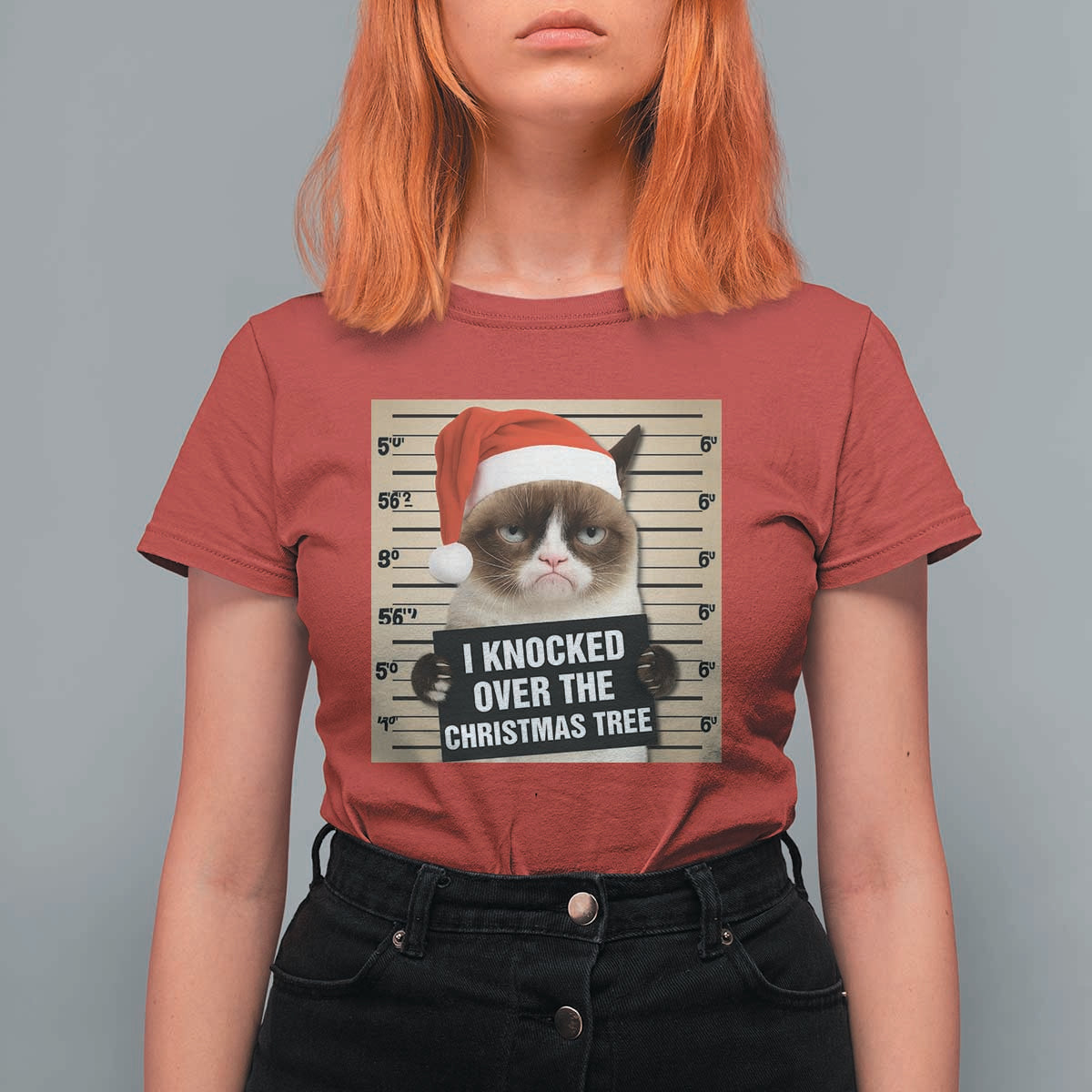 Funny Cat Mugshot Christmas T Shirt For Women I Will Protect You Kitten No Matter What - Wonder Print Shop