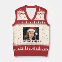 No Kings V-Neck Knit Sweater Vest Funny Disgusting Doll Face Meme Xmas - Wonder Print Shop