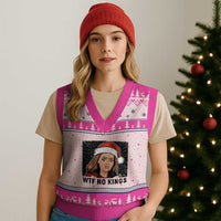 No Kings V-Neck Knit Sweater Vest Funny Disgusting Doll Face Meme Xmas - Wonder Print Shop