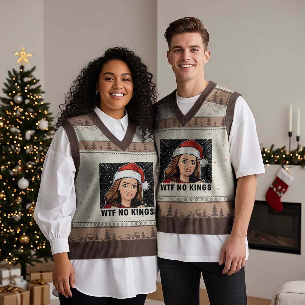 No Kings V-Neck Knit Sweater Vest Funny Disgusting Doll Face Meme Xmas - Wonder Print Shop