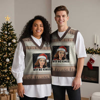 No Kings V-Neck Knit Sweater Vest Funny Disgusting Doll Face Meme Xmas - Wonder Print Shop