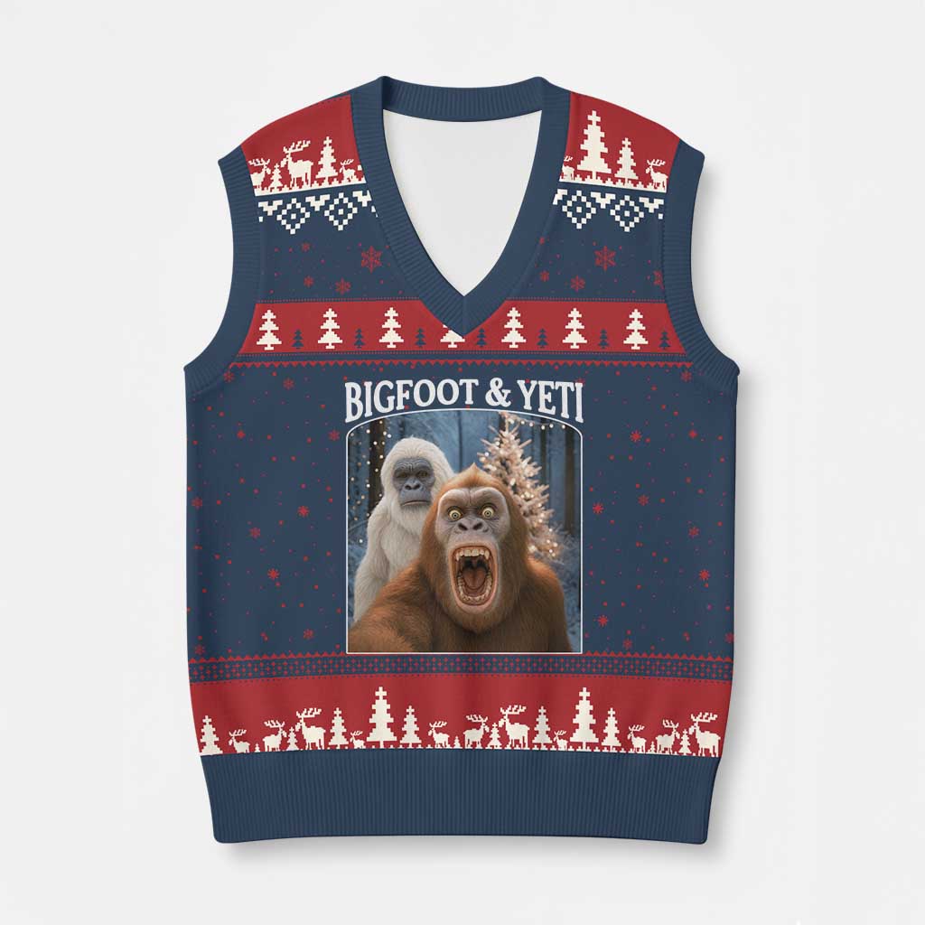 Funny Bigfoot Selfie V-Neck Knit Sweater Vest Sasquatch Yeti Xmas - Wonder Print Shop