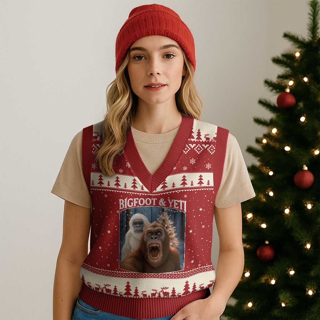 Funny Bigfoot Selfie V-Neck Knit Sweater Vest Sasquatch Yeti Xmas - Wonder Print Shop