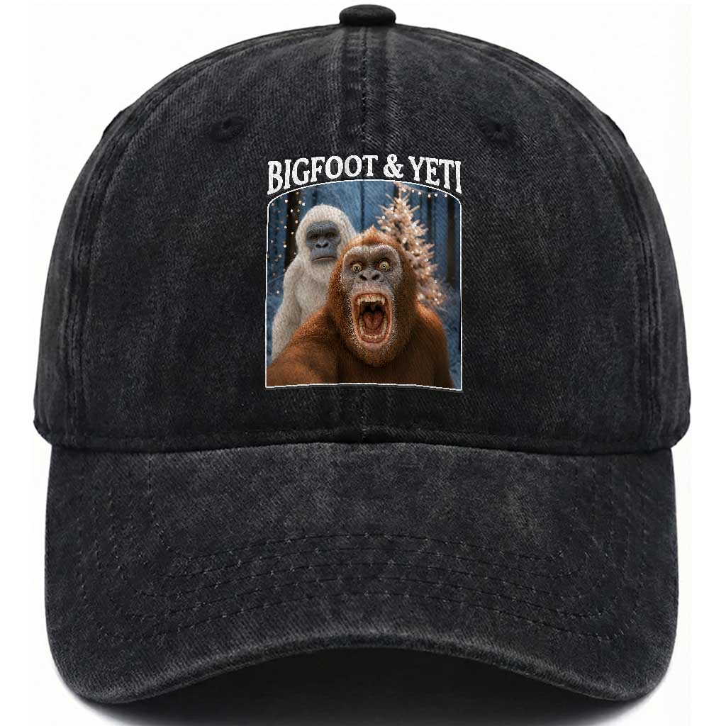 Funny Bigfoot Selfie Washed Cotton Baseball Cap Sasquatch Yeti Christmas