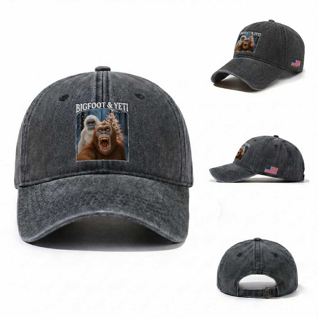 Funny Bigfoot Selfie Washed Cotton Baseball Cap Sasquatch Yeti Christmas