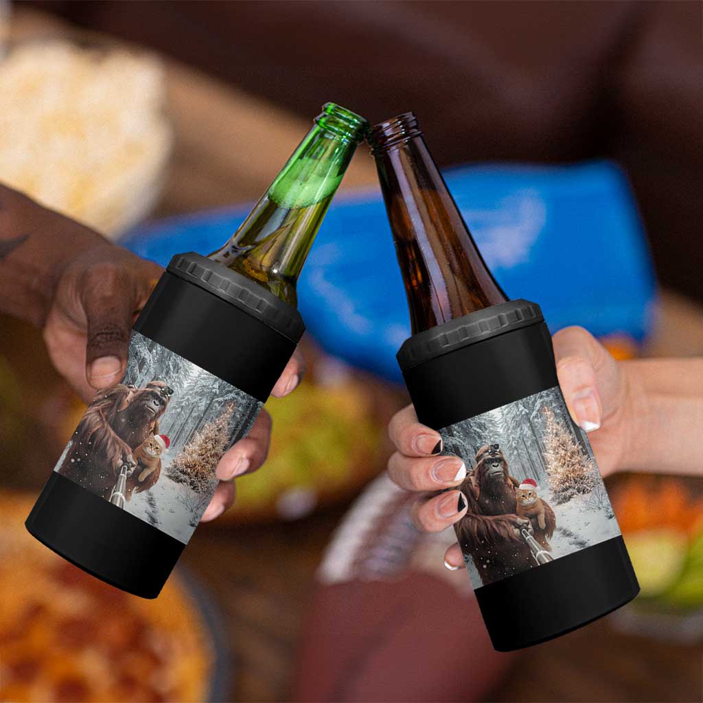 Funny Bigfoot With Cat Selfie Christmas 4 in 1 Can Cooler Tumbler - Wonder Print Shop