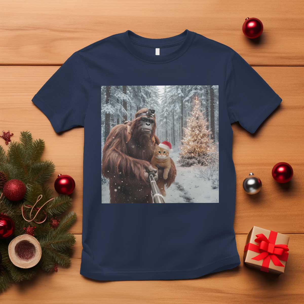 Funny Bigfoot With Cat Selfie Christmas T Shirt - Wonder Print Shop