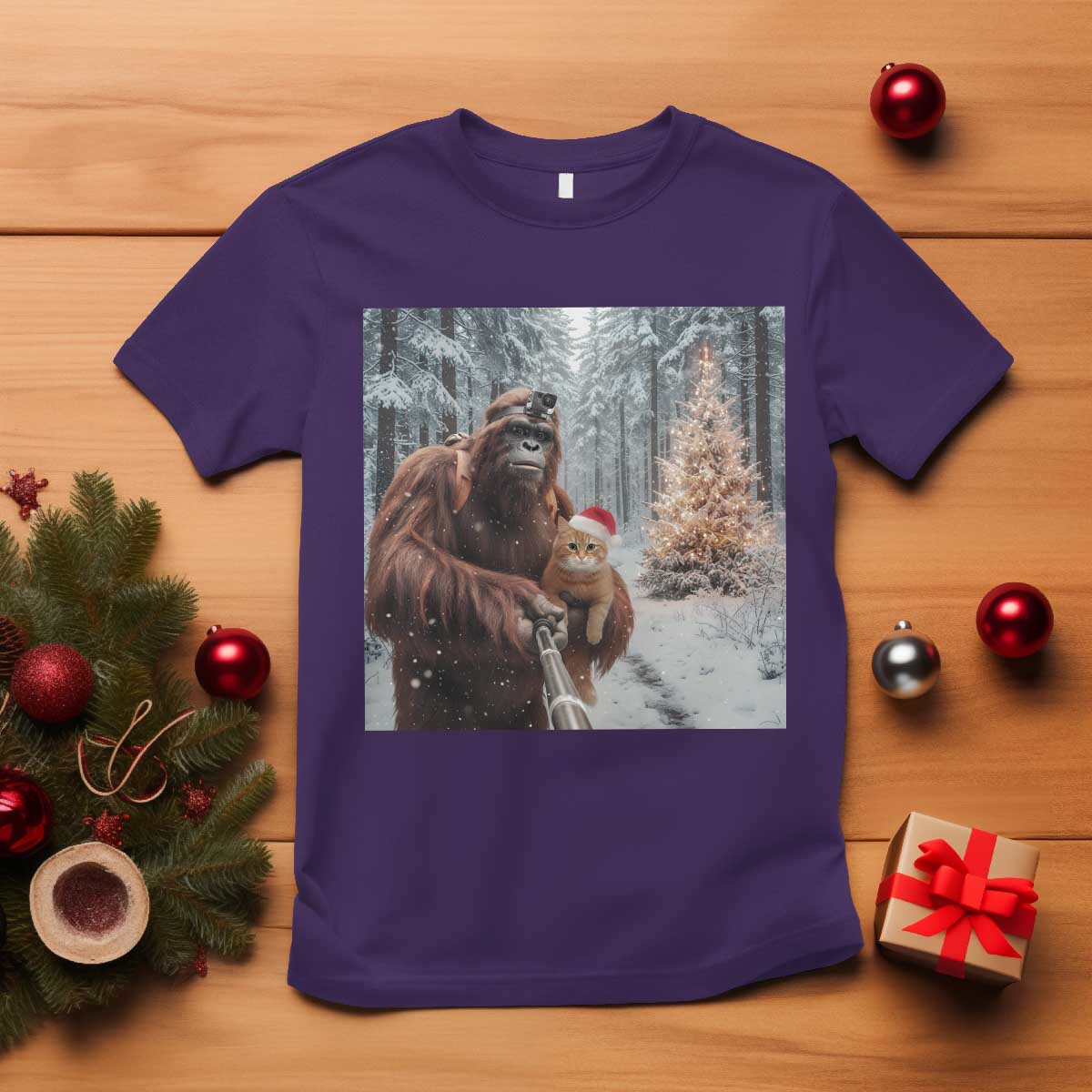 Funny Bigfoot With Cat Selfie Christmas T Shirt - Wonder Print Shop