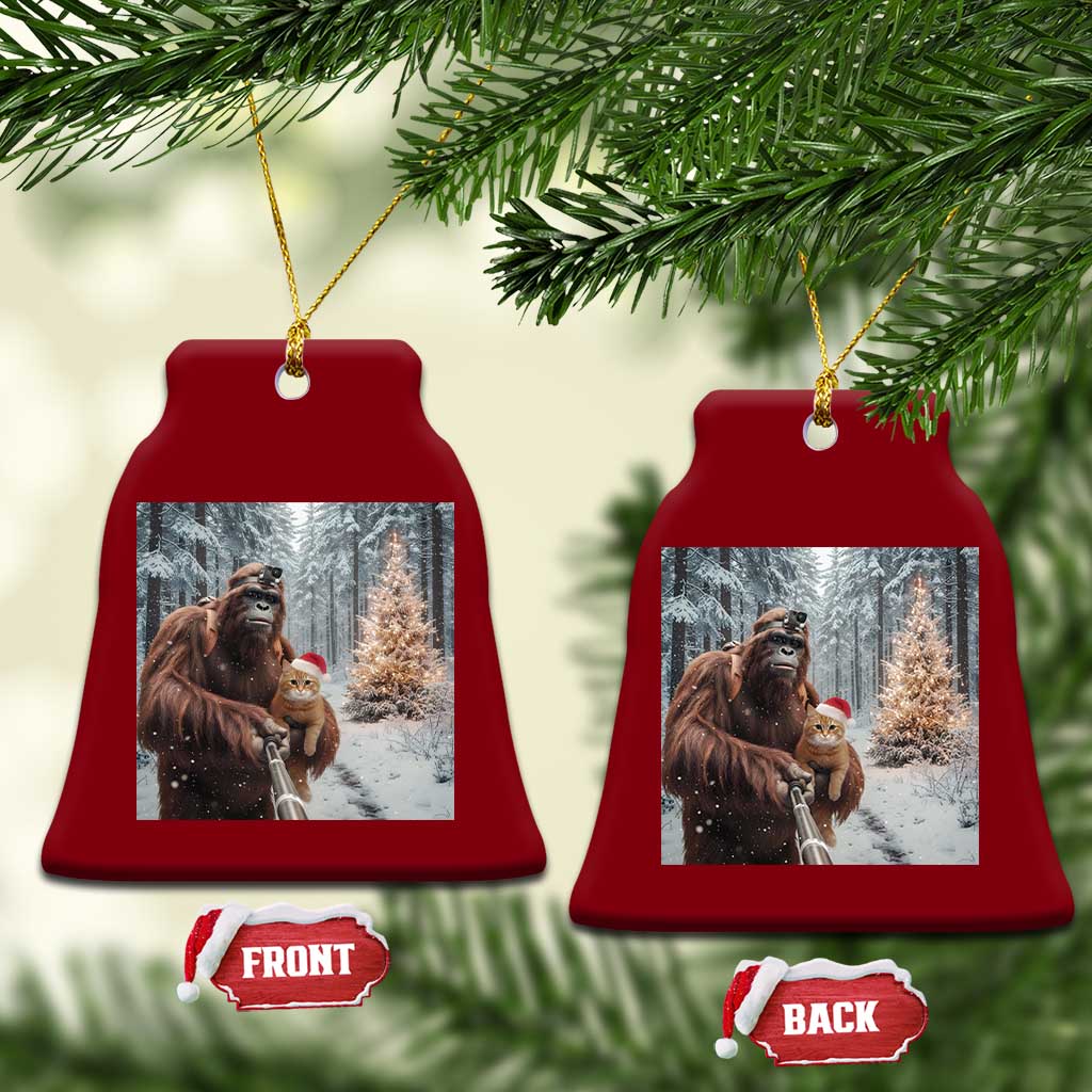 Funny Bigfoot With Cat Selfie Xmas Ceramic Ornament - Wonder Print Shop