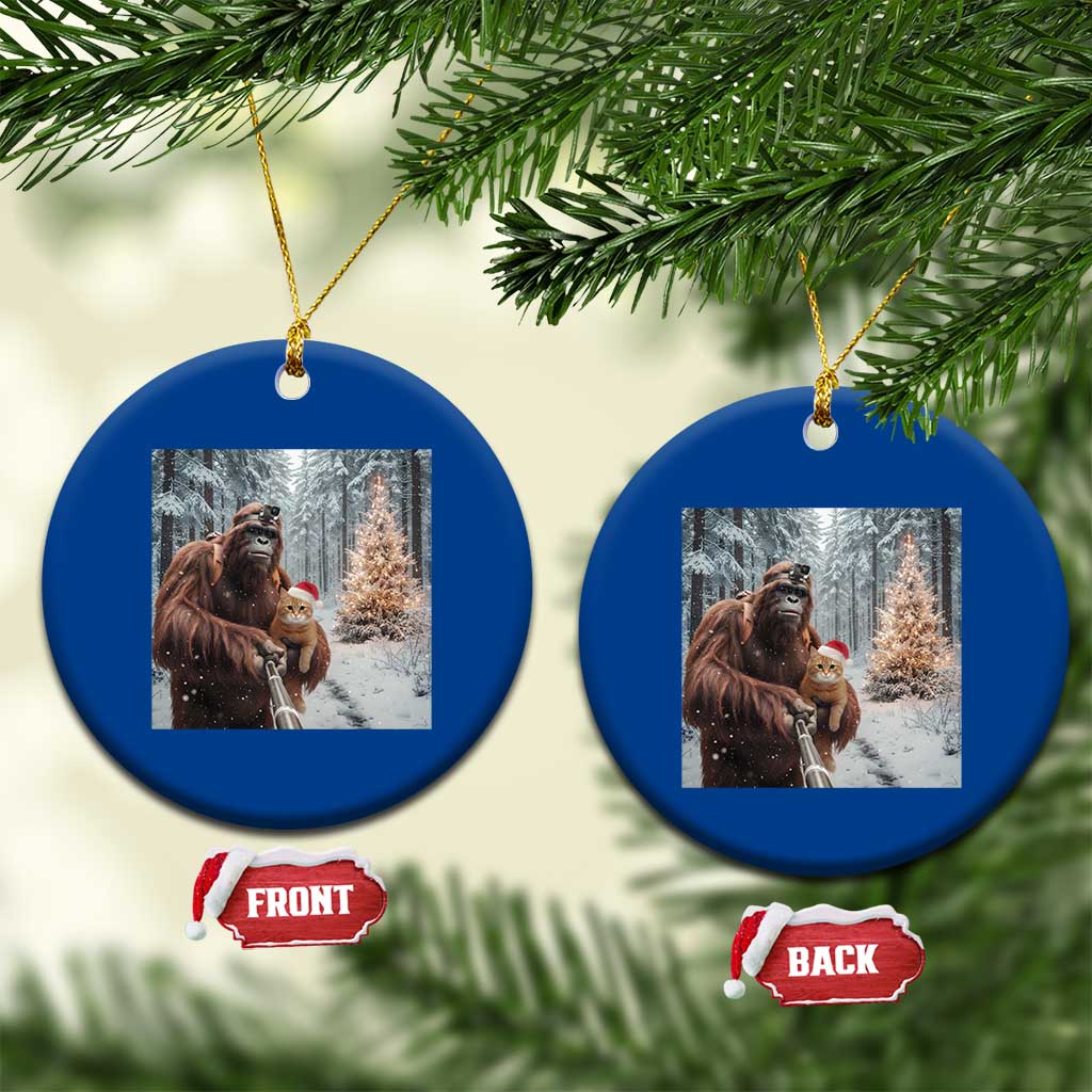Funny Bigfoot With Cat Selfie Xmas Ceramic Ornament - Wonder Print Shop