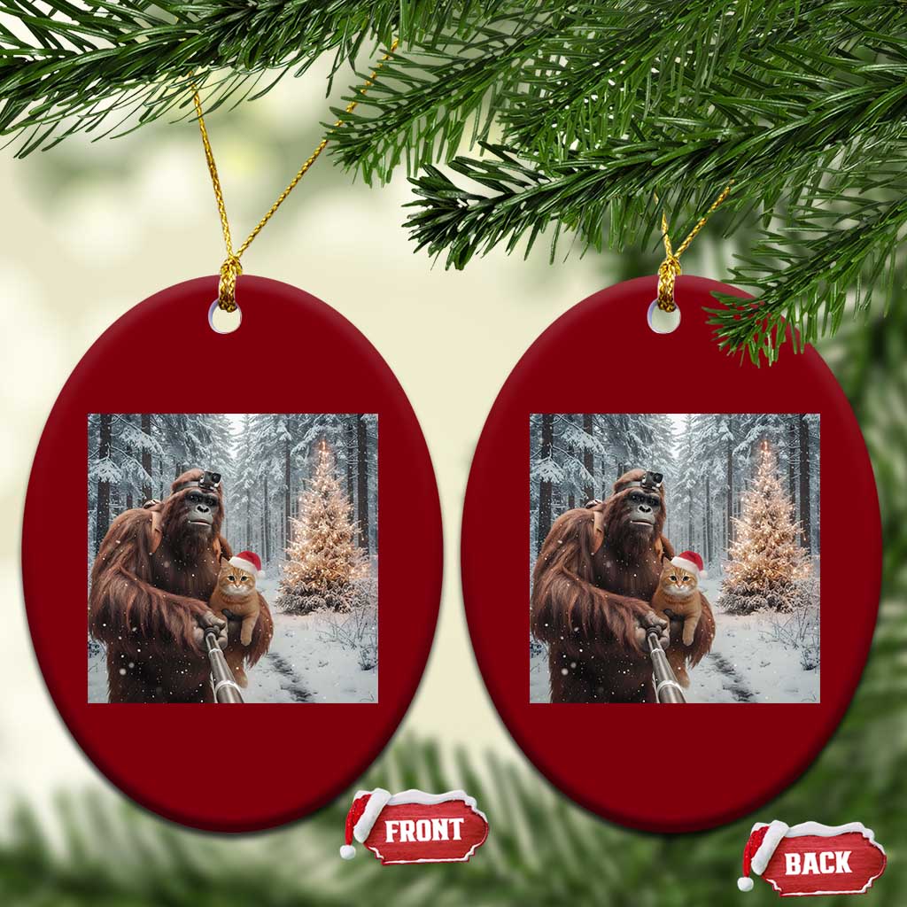 Funny Bigfoot With Cat Selfie Xmas Ceramic Ornament - Wonder Print Shop