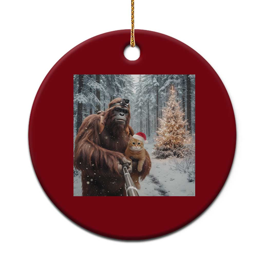 Funny Bigfoot With Cat Selfie Xmas Ceramic Ornament - Wonder Print Shop