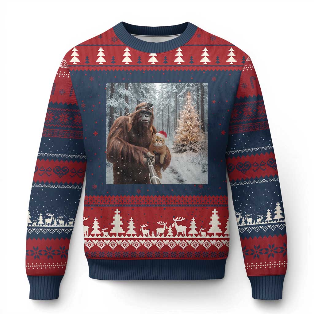 Funny Bigfoot With Cat Selfie Xmas Ugly Christmas Sweater - Wonder Print Shop