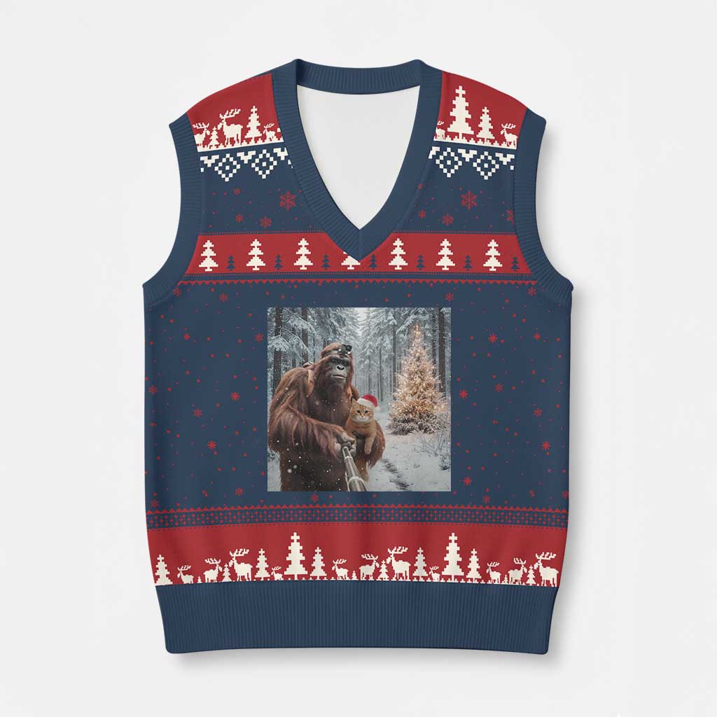 Funny Bigfoot With Cat Selfie Xmas V-Neck Knit Sweater Vest - Wonder Print Shop