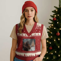 Funny Bigfoot With Cat Selfie Xmas V-Neck Knit Sweater Vest - Wonder Print Shop