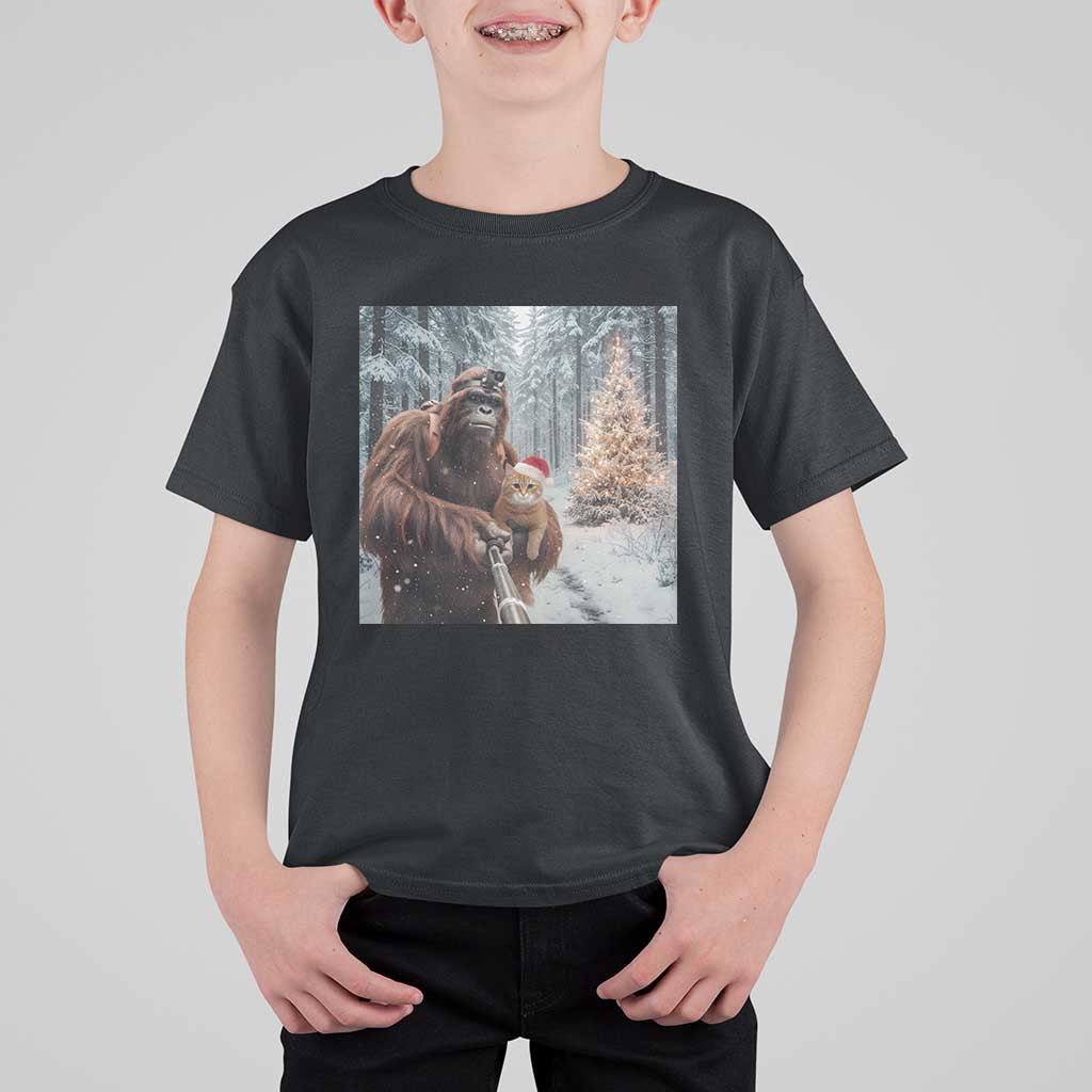 Funny Bigfoot With Cat Selfie Christmas T Shirt For Kid - Wonder Print Shop