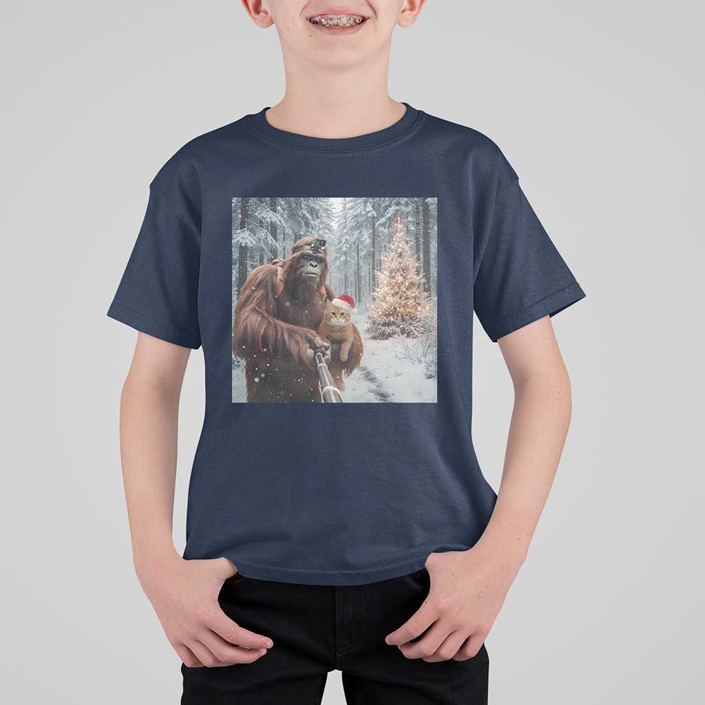 Funny Bigfoot With Cat Selfie Christmas T Shirt For Kid - Wonder Print Shop