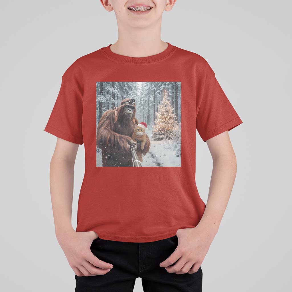 Funny Bigfoot With Cat Selfie Christmas T Shirt For Kid - Wonder Print Shop