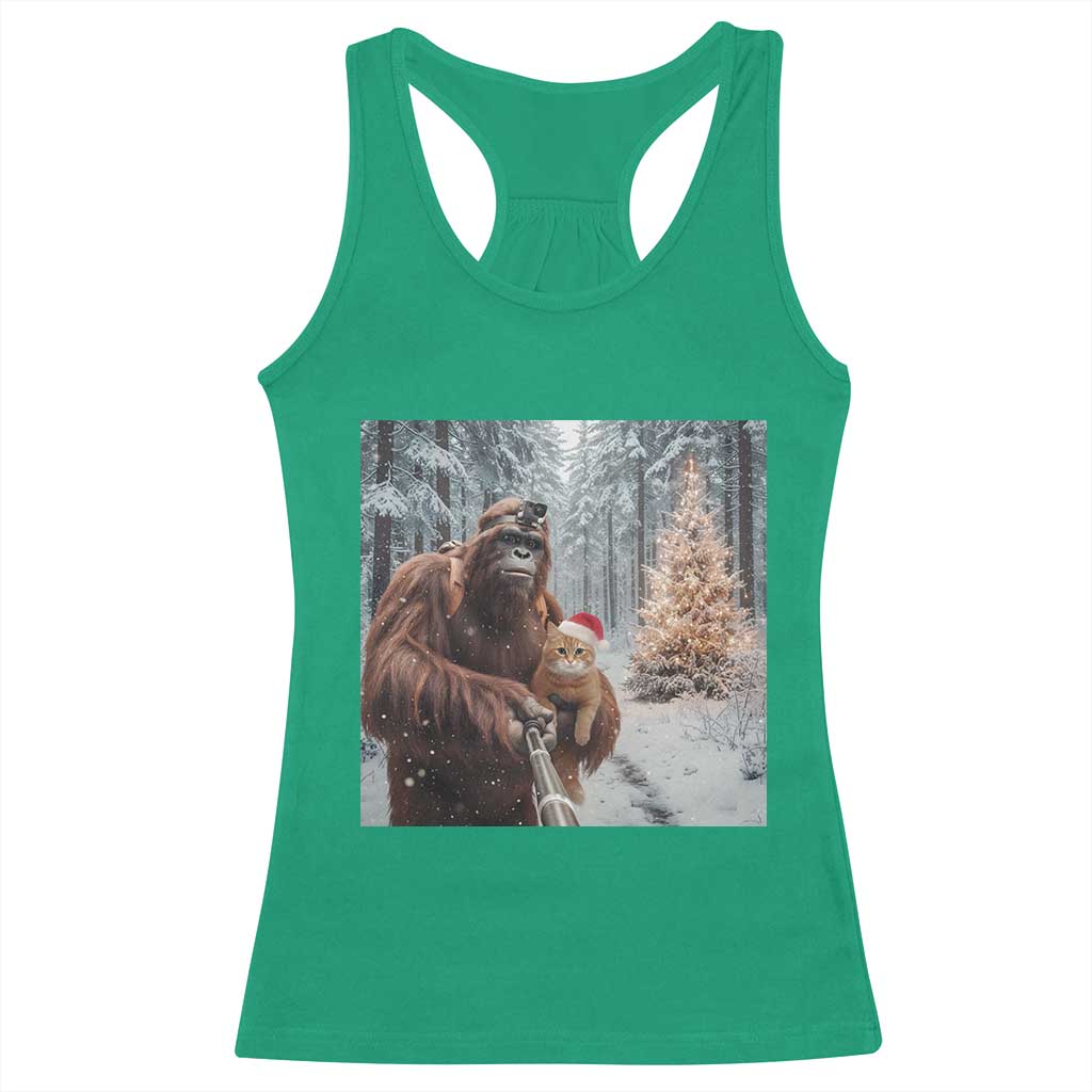 Funny Bigfoot With Cat Selfie Christmas Racerback Tank Top - Wonder Print Shop